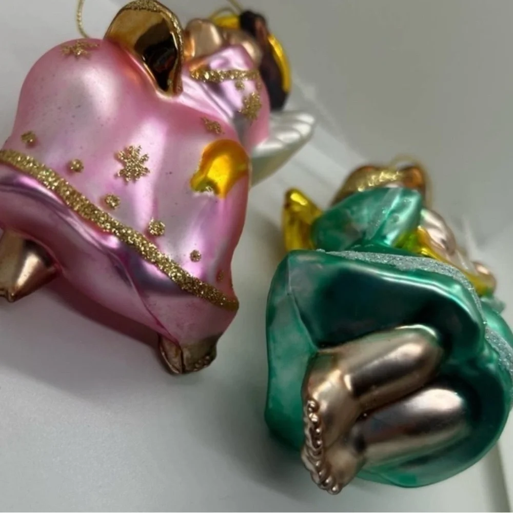 Set of 2 Vintage Blown Glass Ornaments Glitter Angel Radko Style Christmas Decor